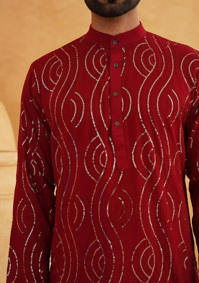 Maroon Embroidered Cotton Kurta For Men