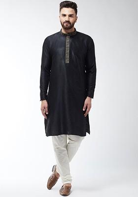 Black Thread Work Poly Blend Kurta For Men