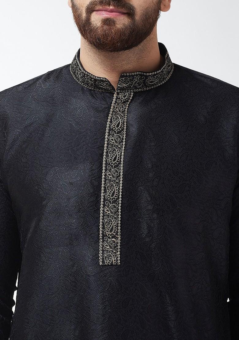 Black Thread Work Poly Blend Kurta For Men