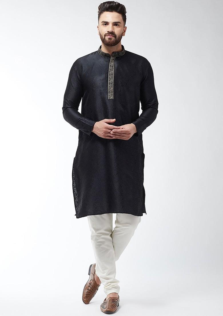 Black Thread Work Poly Blend Kurta For Men