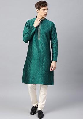Teal Blue Thread Work Poly Blend Kurta For Men