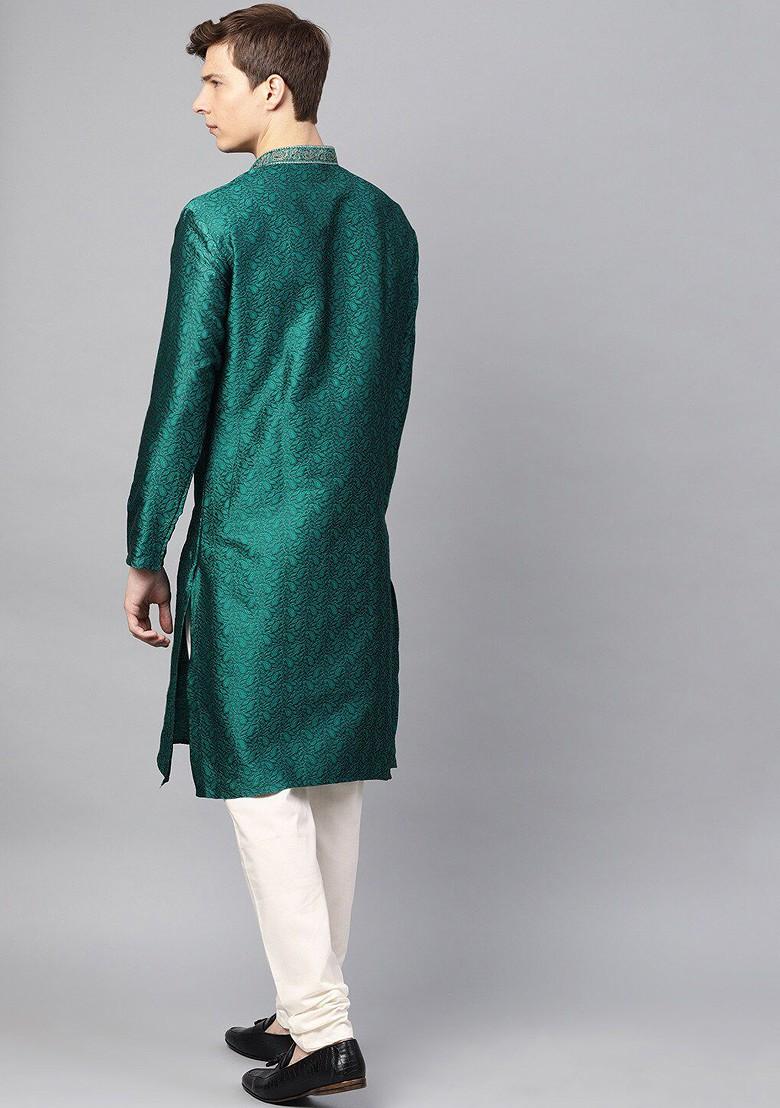 Teal Blue Thread Work Poly Blend Kurta For Men