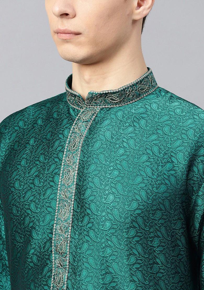 Teal Blue Thread Work Poly Blend Kurta For Men