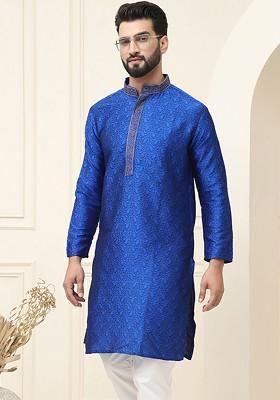 Blue Thread Work Poly Blend Kurta For Men