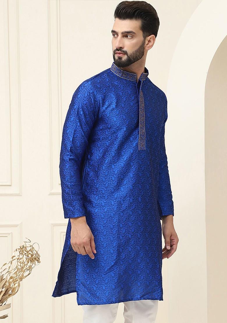 Blue Thread Work Poly Blend Kurta For Men