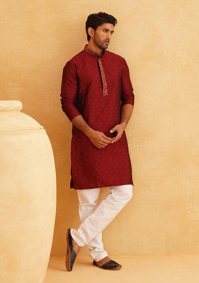 Maroon Thread Work Poly Blend Kurta For Men