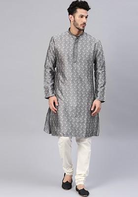 Grey Woven Cotton Kurta For Men