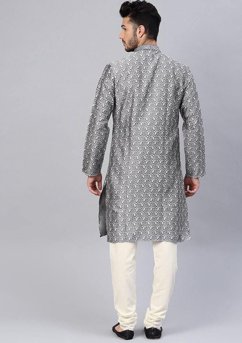 Grey Woven Cotton Kurta For Men