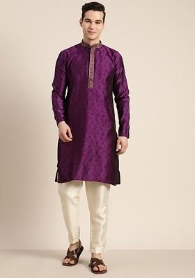 Purple Solid Cotton Kurta For Men