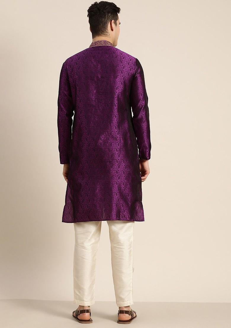Purple Solid Cotton Kurta For Men