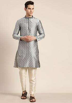 Grey Solid Cotton Kurta For Men