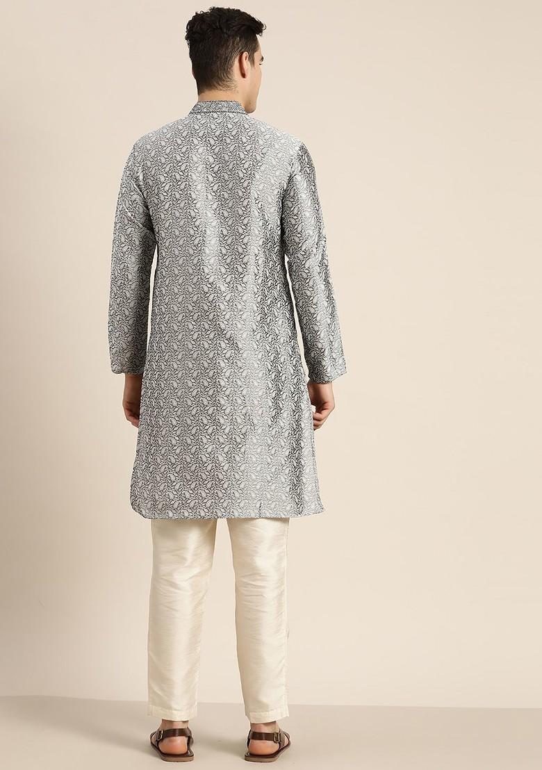 Grey Solid Cotton Kurta For Men