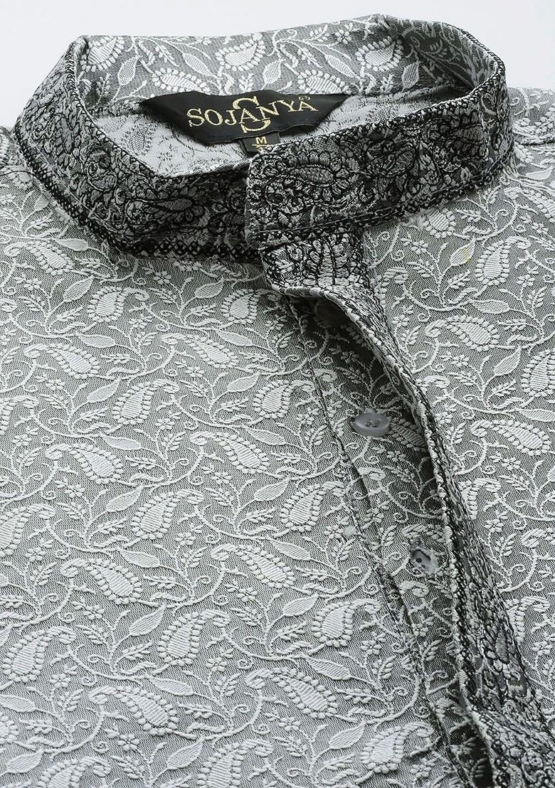 Grey Solid Cotton Kurta For Men