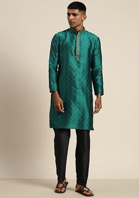 Teal Blue Embroidered Cotton Kurta For Men