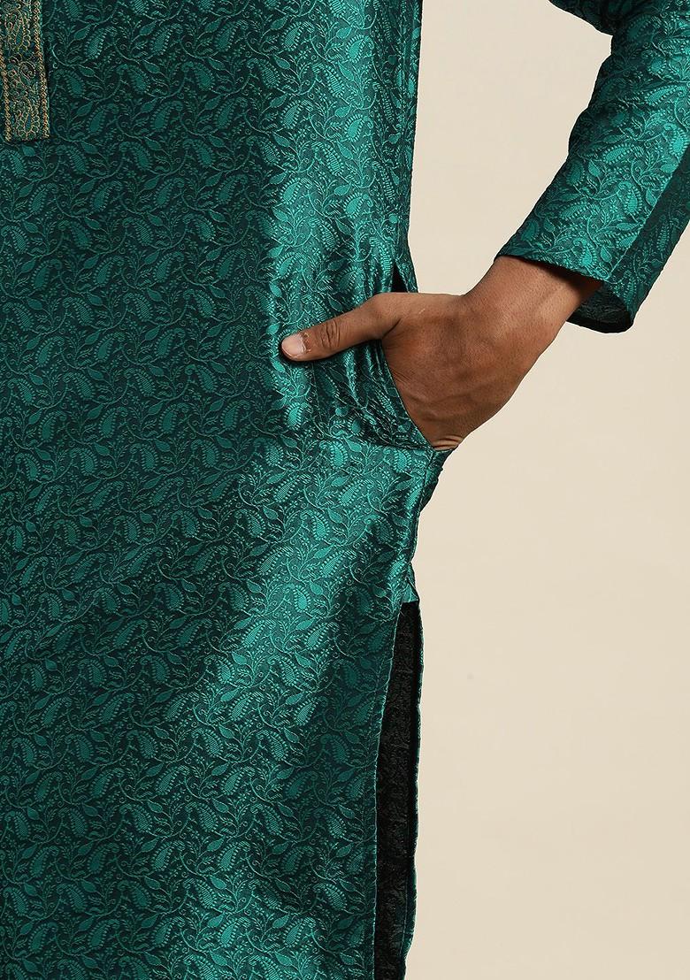 Teal Blue Embroidered Cotton Kurta For Men