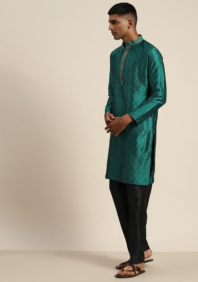 Teal Blue Embroidered Cotton Kurta For Men