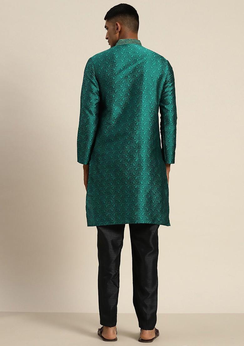 Teal Blue Embroidered Cotton Kurta For Men