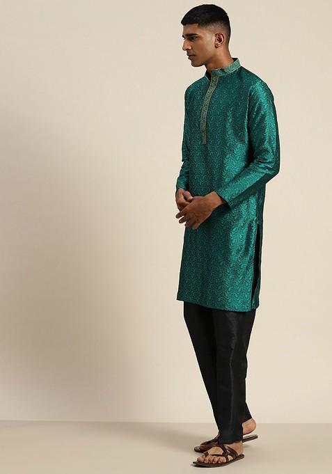 Teal Blue Embroidered Cotton Kurta For Men