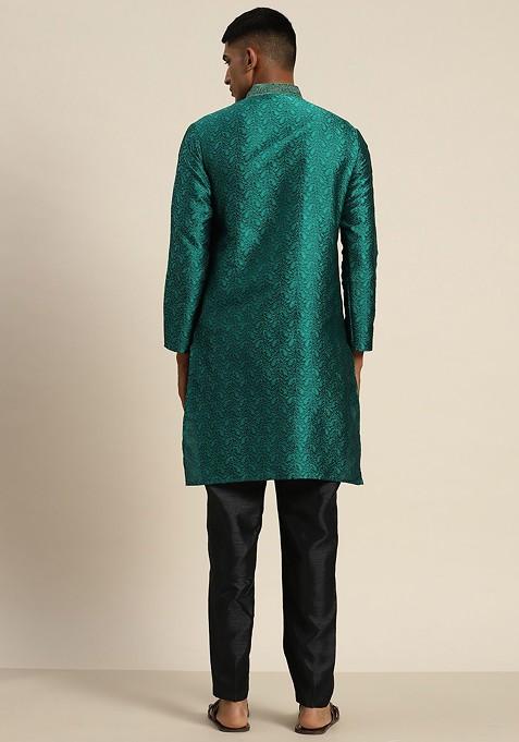 Teal Blue Embroidered Cotton Kurta For Men