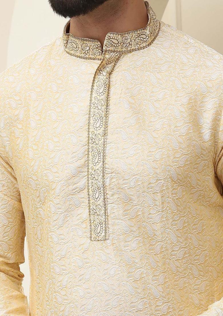 Gold Solid Jacquard Kurta For Men