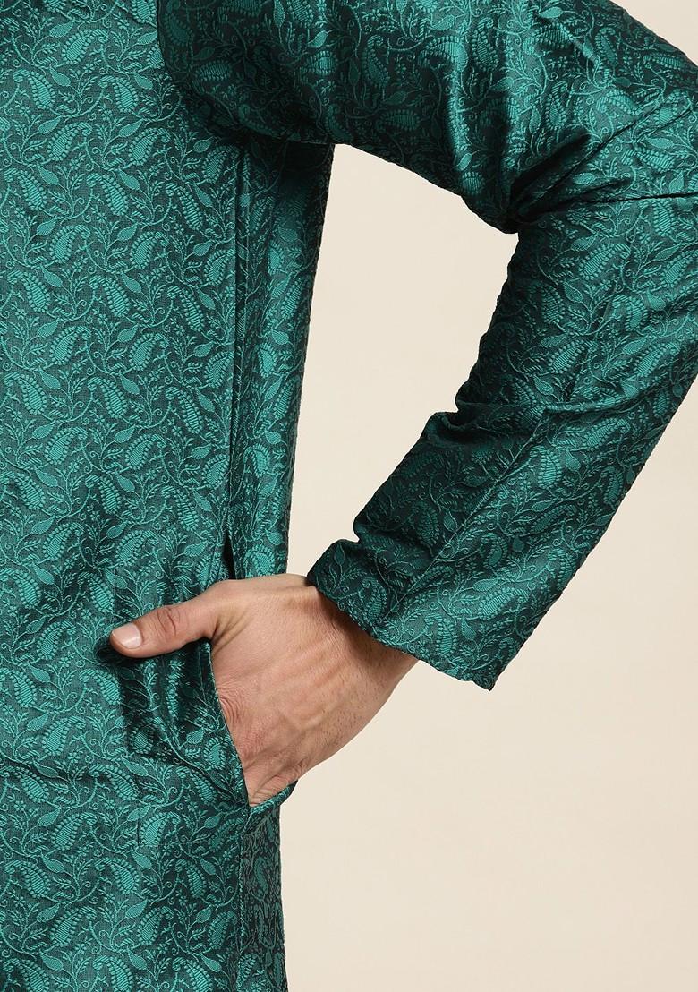 Teal Blue Ethnic Motifs Jacquard Kurta For Men