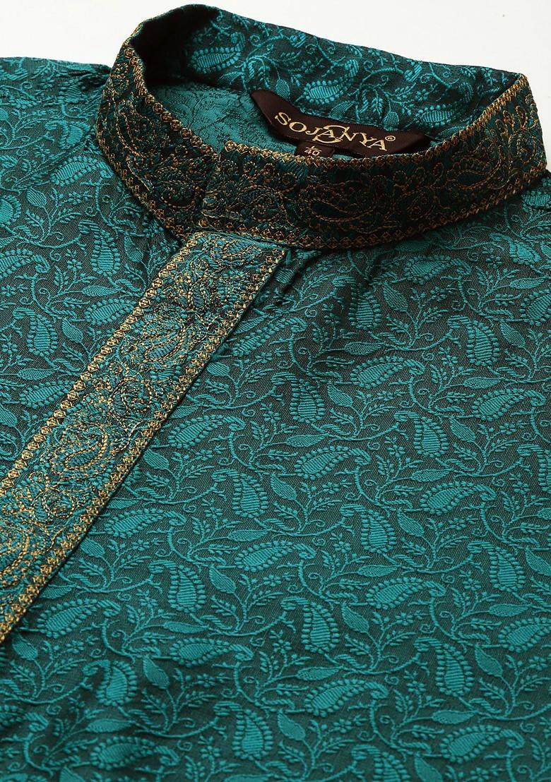 Teal Blue Ethnic Motifs Jacquard Kurta For Men
