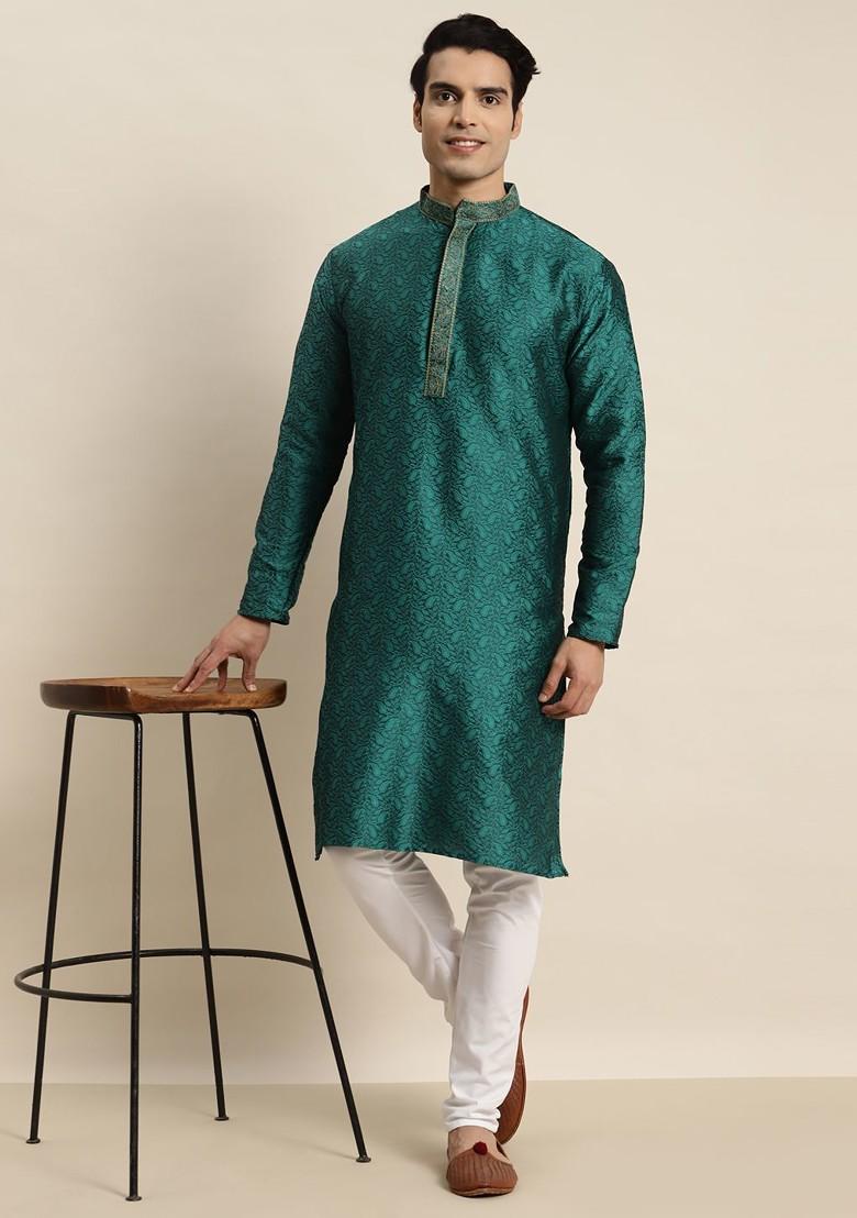 Teal Blue Ethnic Motifs Jacquard Kurta For Men