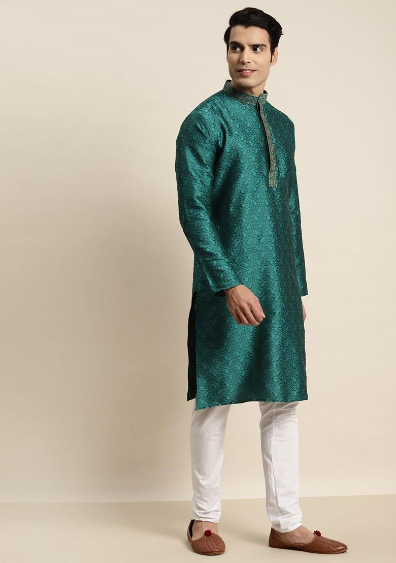 Teal Blue Ethnic Motifs Jacquard Kurta For Men