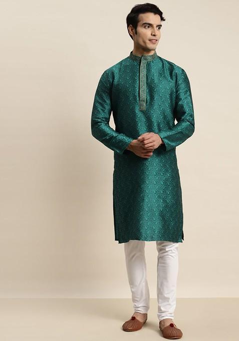 Teal Blue Ethnic Motifs Jacquard Kurta For Men