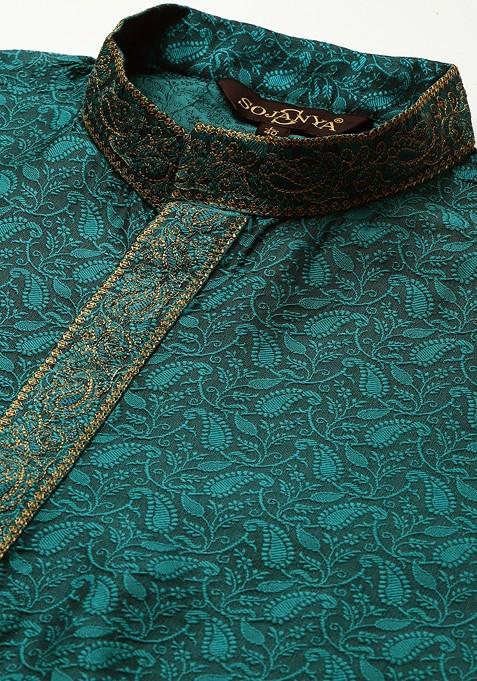 Teal Blue Ethnic Motifs Jacquard Kurta For Men