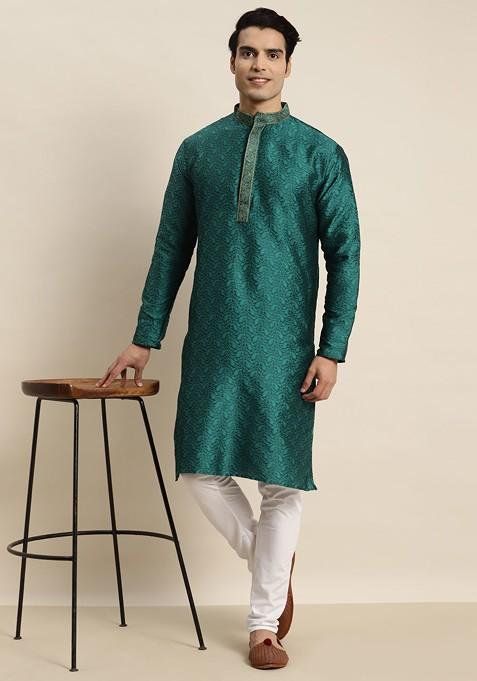 Teal Blue Ethnic Motifs Jacquard Kurta For Men