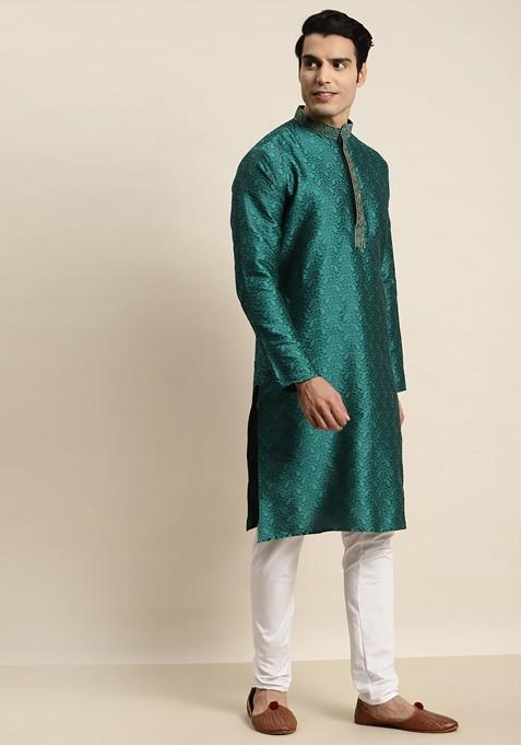 Teal Blue Ethnic Motifs Jacquard Kurta For Men