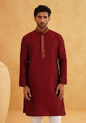 Maroon Ethnic Motifs Jacquard Kurta For Men