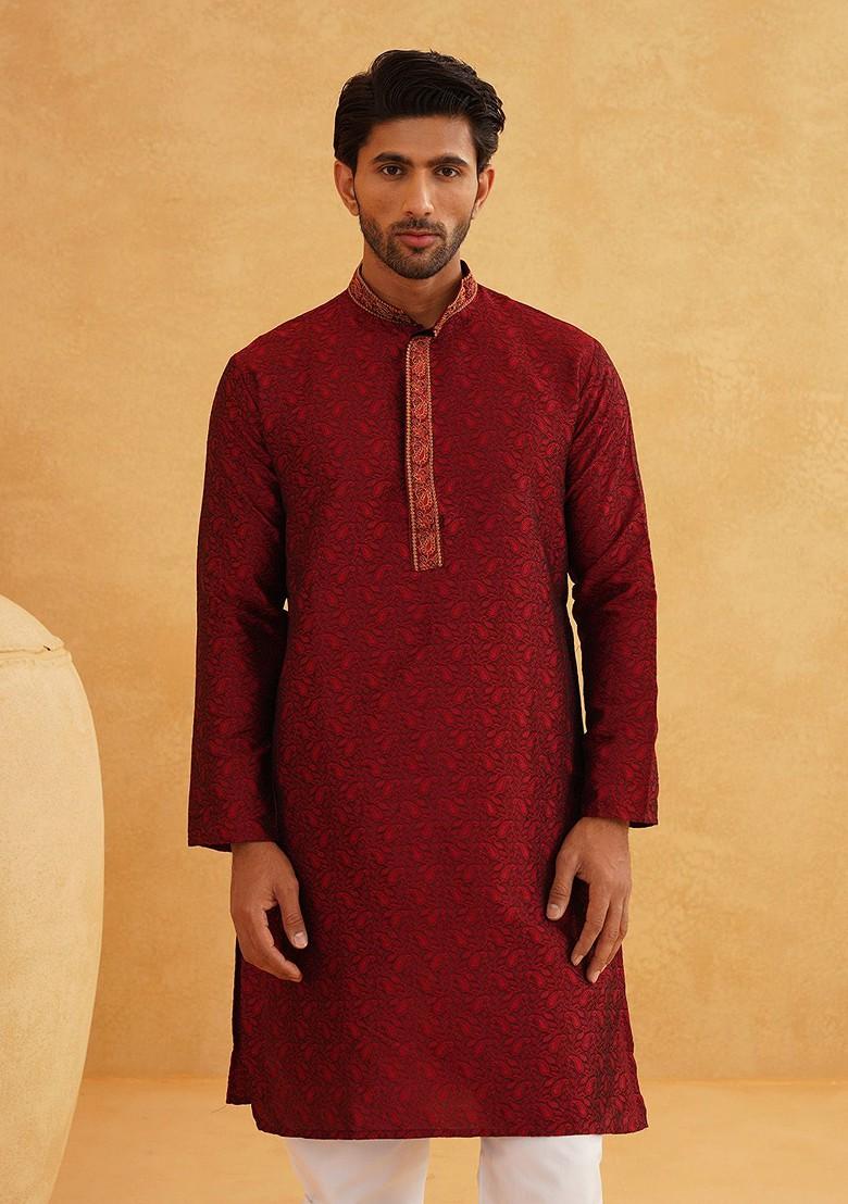 Maroon Ethnic Motifs Jacquard Kurta For Men