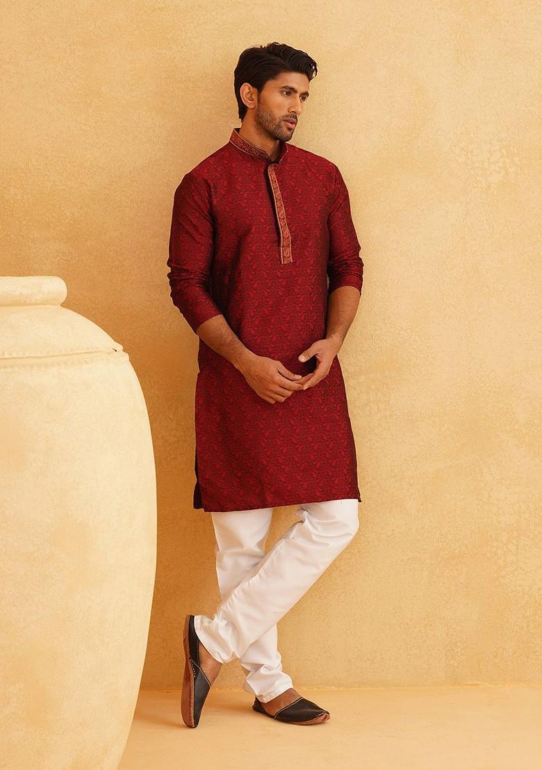 Maroon Ethnic Motifs Jacquard Kurta For Men