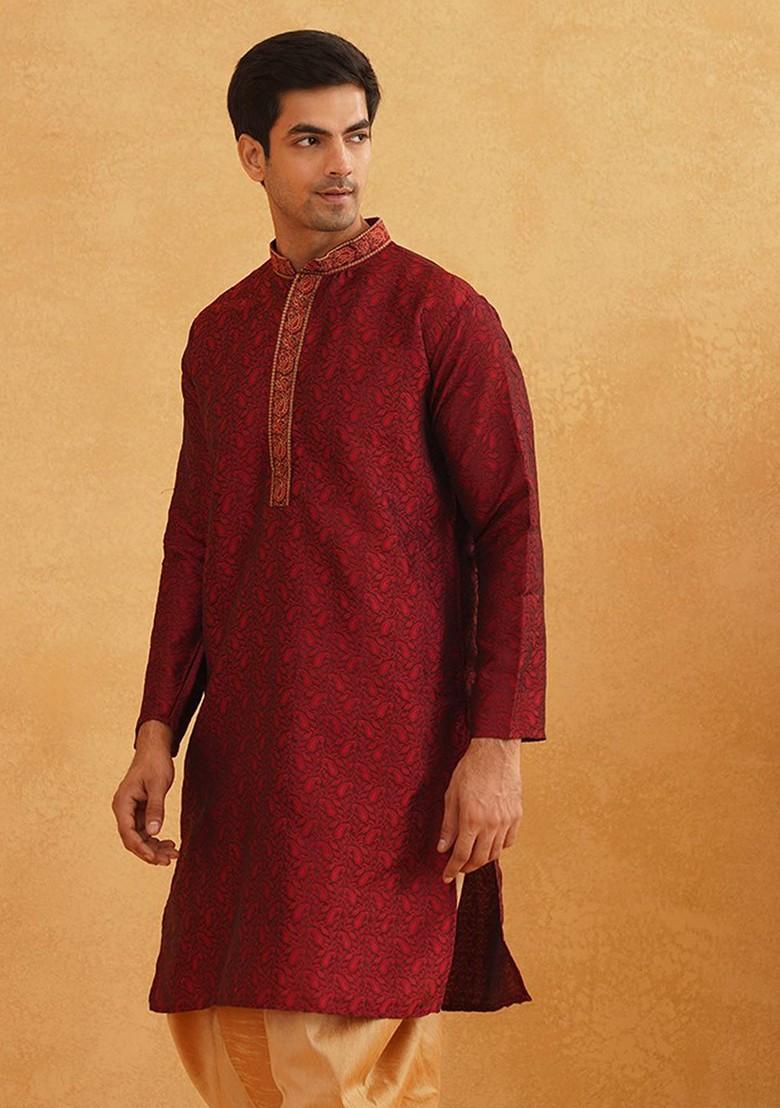 Maroon Ethnic Motifs Jacquard Kurta For Men