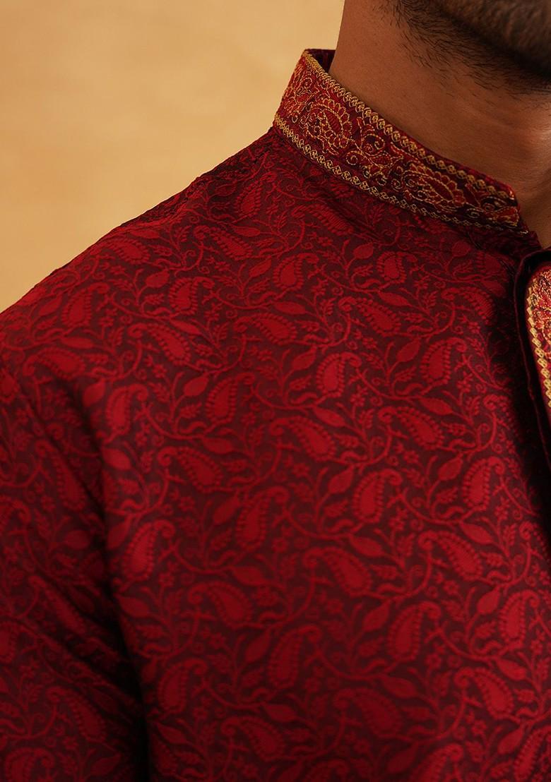 Maroon Ethnic Motifs Jacquard Kurta For Men