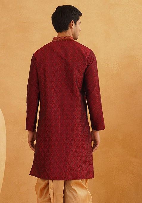 Maroon Ethnic Motifs Jacquard Kurta For Men