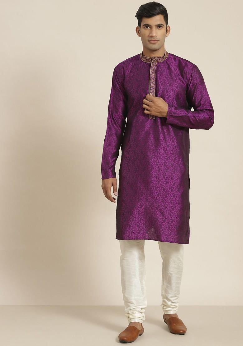 Purple Ethnic Motifs Jacquard Kurta For Men