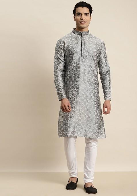 Grey Ethnic Motifs Jacquard Kurta For Men — view on Indya