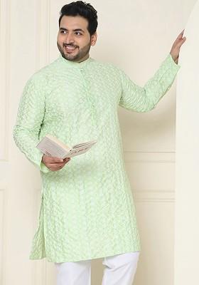 Sea Green Embroidered Poly Blend Kurta For Men