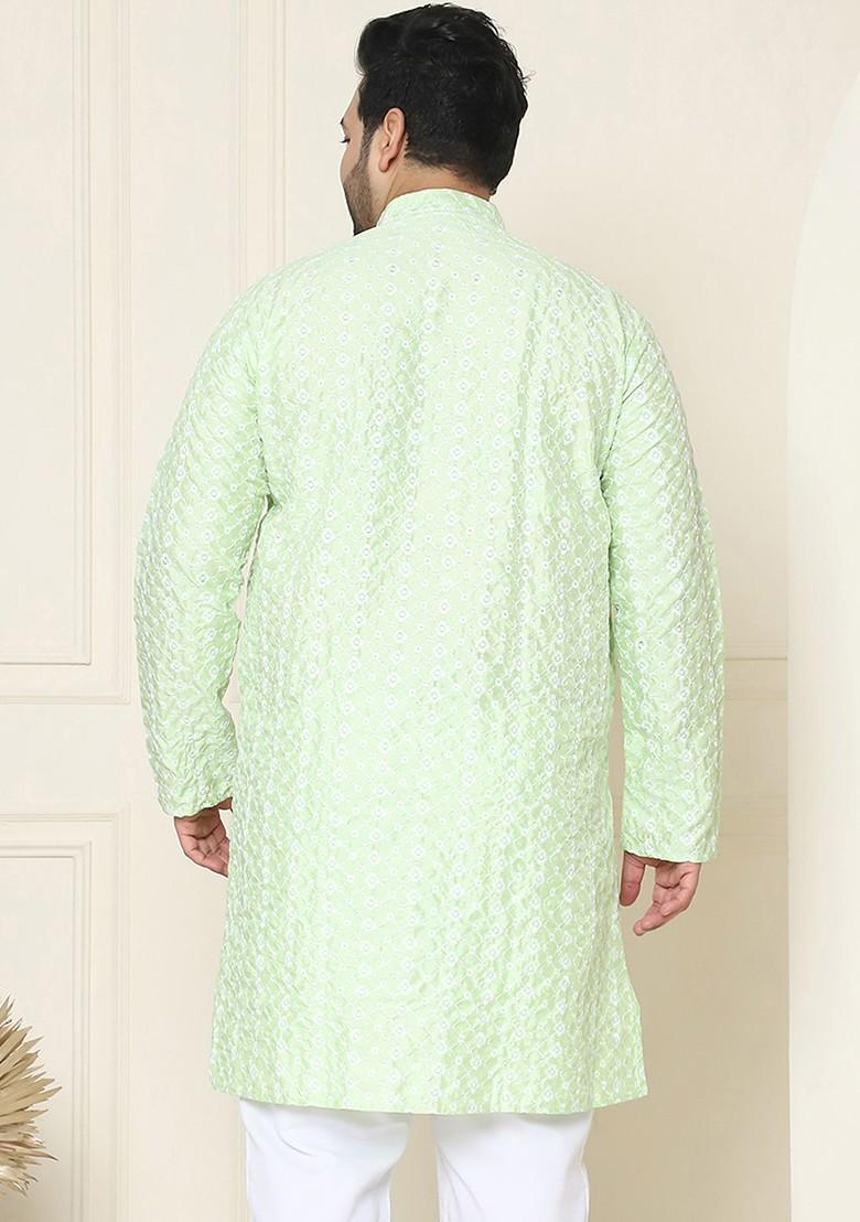 Sea Green Embroidered Poly Blend Kurta For Men