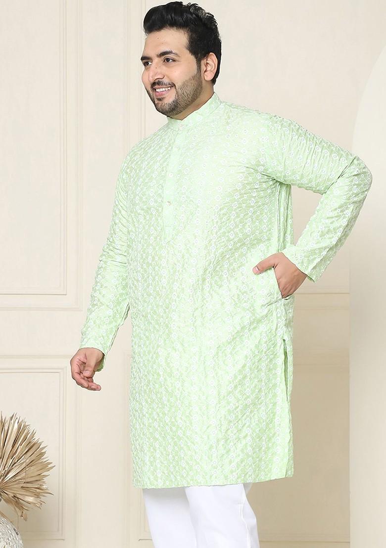 Sea Green Embroidered Poly Blend Kurta For Men