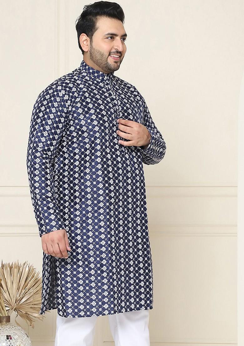 Navy Blue Embroidered Poly Blend Kurta For Men
