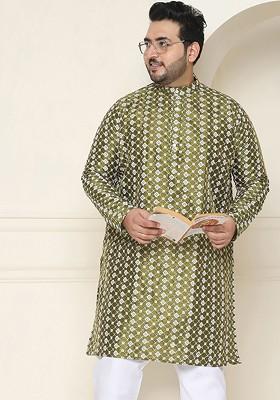 Green Embroidered Poly Blend Kurta For Men