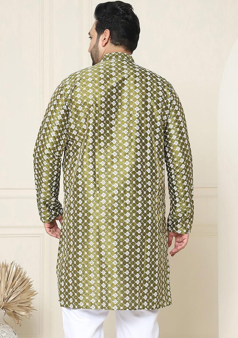 Green Embroidered Poly Blend Kurta For Men
