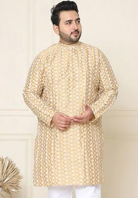 Gold Embroidered Poly Blend Kurta For Men