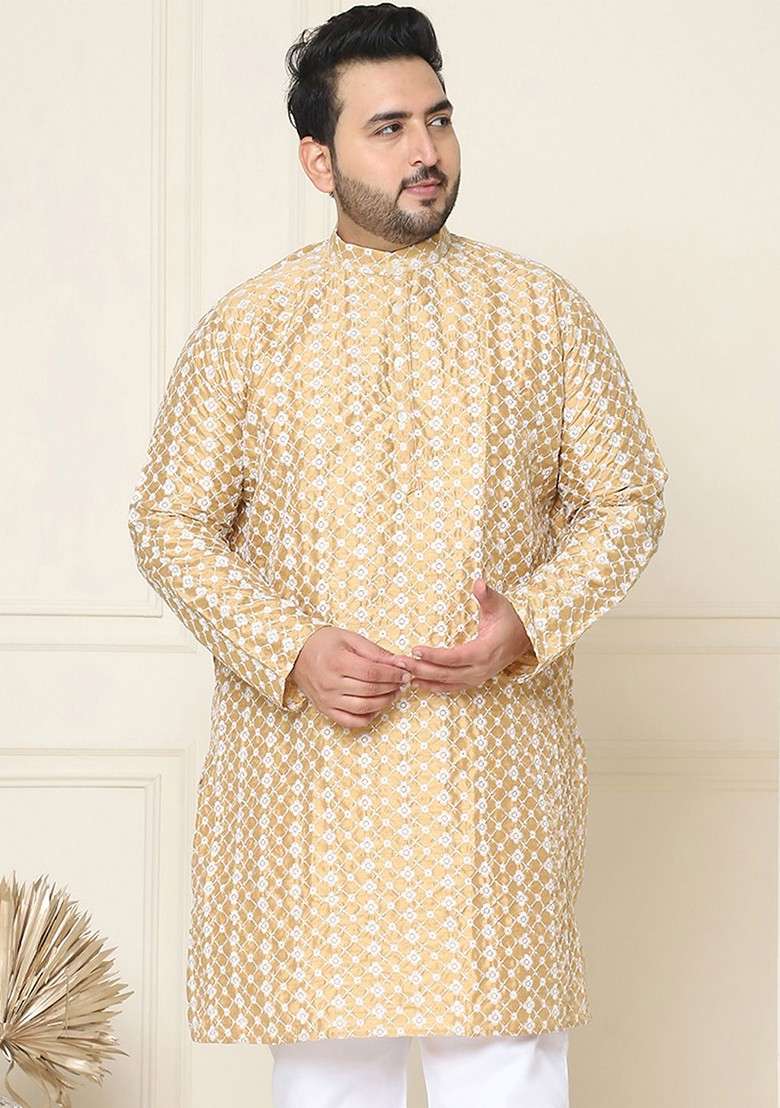 Gold Embroidered Poly Blend Kurta For Men - Indya