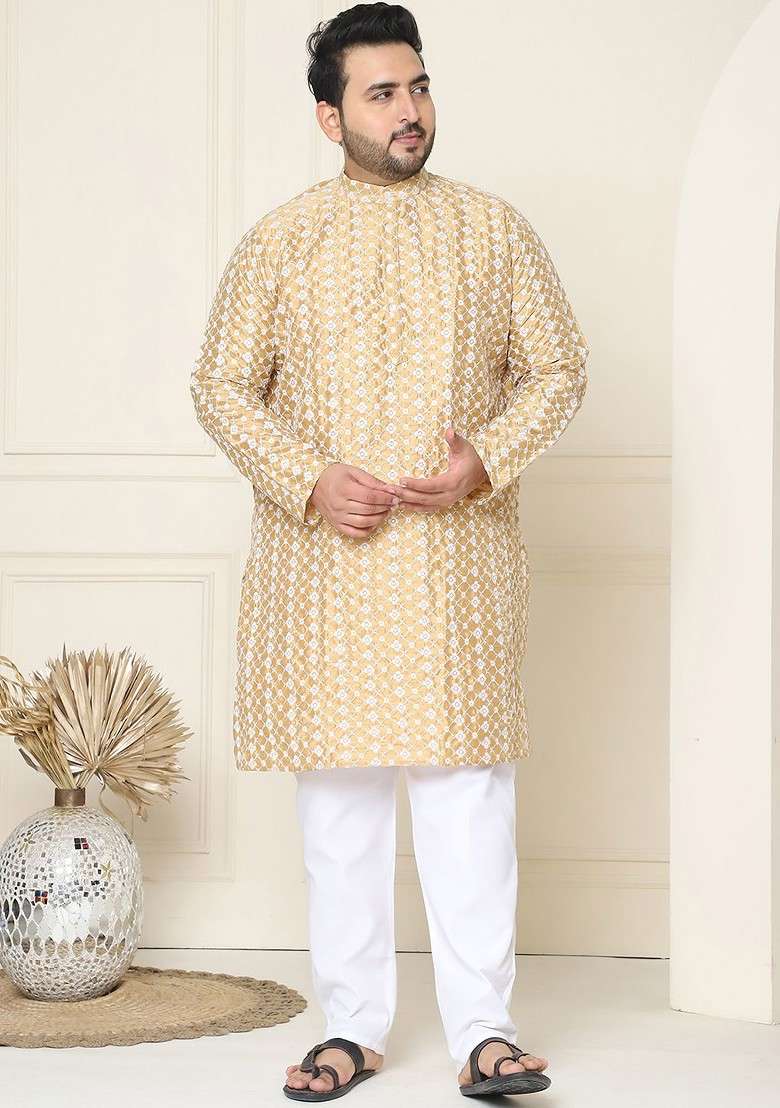 Gold Embroidered Poly Blend Kurta For Men - Indya