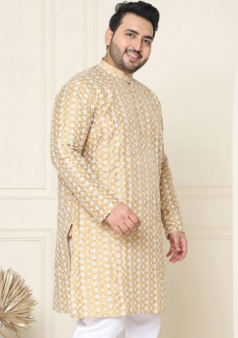 Gold Embroidered Poly Blend Kurta For Men